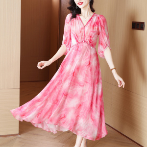RM22100#真丝连衣裙夏季女装新款奢华大牌印花气质裙子夏天桑蚕丝长裙