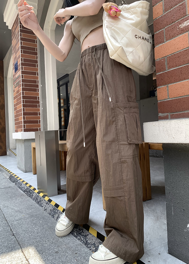 Real shot American retro workwear sports trousers high waist straight loose casual parachute pants for women