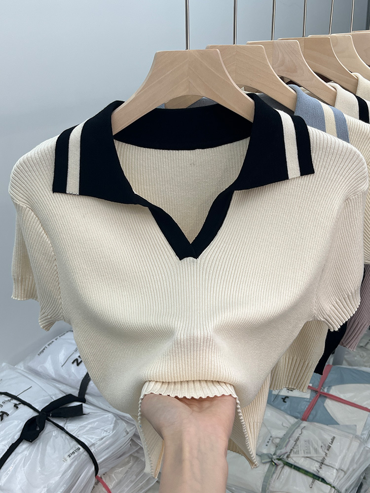 Pure desire unique sweet hot girl short section thin ice silk knitted polo collar small shirt design top short-sleeved t-shirt female summer