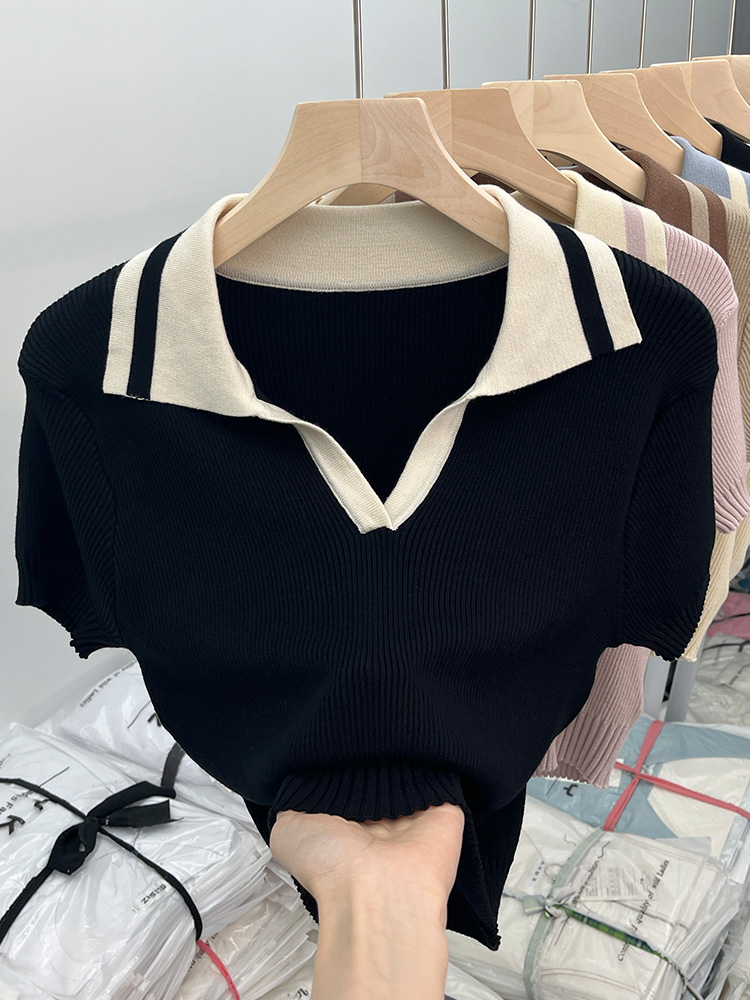 Pure desire unique sweet hot girl short section thin ice silk knitted polo collar small shirt design top short-sleeved t-shirt female summer