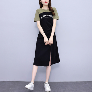 RM16493#撞色拼接字母连衣裙女夏收腰显瘦小众设计感法式减龄开叉a字裙子