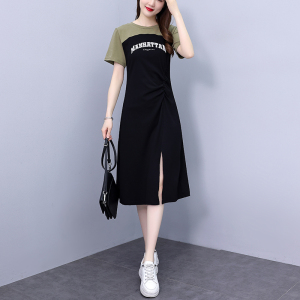 RM16493#撞色拼接字母连衣裙女夏收腰显瘦小众设计感法式减龄开叉a字裙子