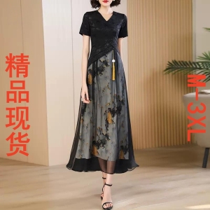 RM19135#新中式黑色连衣裙气质修身2023夏新款高级感优雅改良长款旗袍裙女