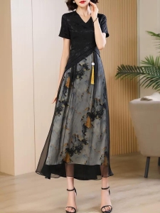 TR36036# 新中式黑色连衣裙气质修身夏新款高级感优雅改良长款旗袍裙女 服装批发女装服饰货源