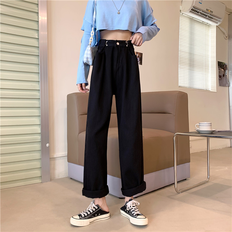 Real shot spring and summer high waist thin adjustable Hong Kong style retro drape wide leg denim mopping women's pants