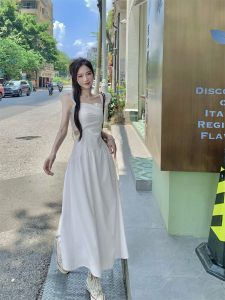RM17322#小心机镂空白色连衣裙气质收腰显瘦飞飞袖长款约会初恋裙