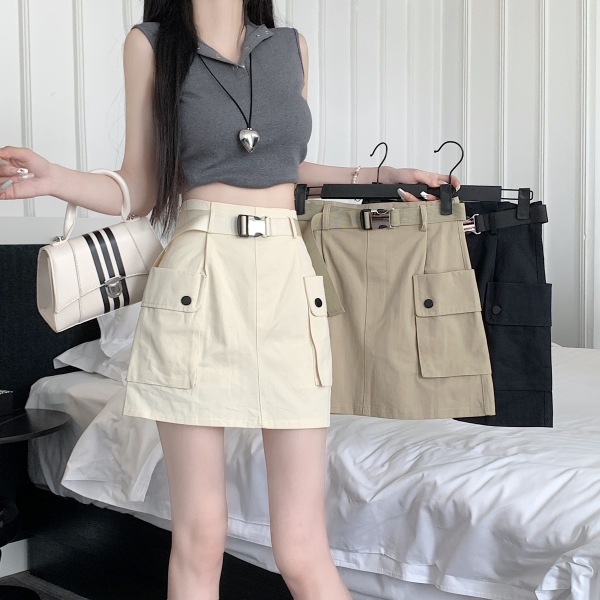 RM15533#夏辣妹口袋设计工装短裙女高腰显瘦a字包臀半身裙配腰带