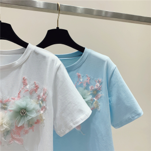 RM15561#新款短袖夏季纯棉花朵绣花舒适宽松圆袖圆领纯色