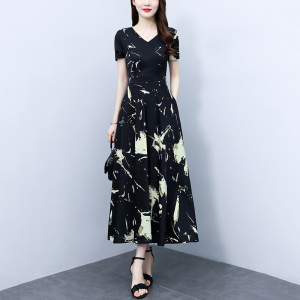 RM19382#真丝雪纺连衣裙2023女新款高端气质大牌黑色收腰显瘦夏季长裙子