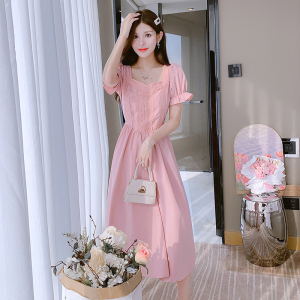 RM21569#小个子夏季新款茶歇法式复古长裙粉色甜美修身显瘦短袖连衣裙子女