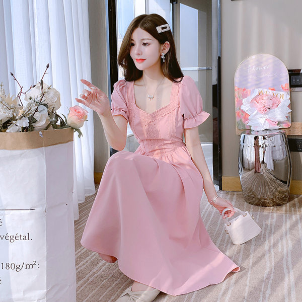 RM21569#小个子夏季新款茶歇法式复古长裙粉色甜美修身显瘦短袖连衣裙子...