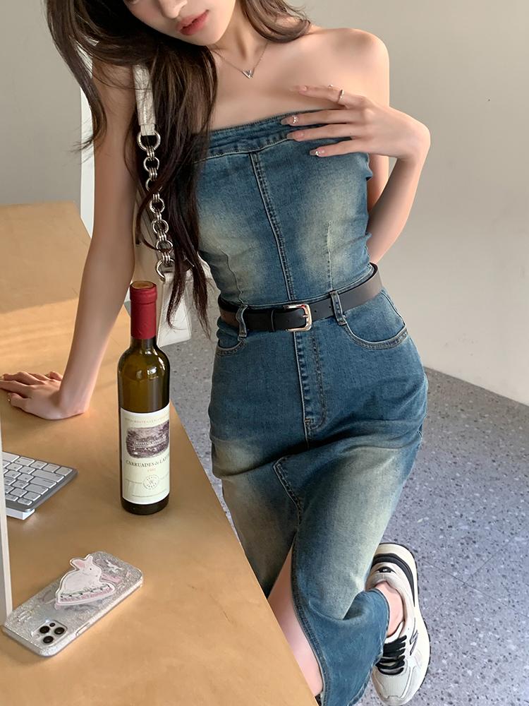實拍2024夏裝新款一字肩抹胸裙牛仔連衣裙女性感辣妹包臀裙子