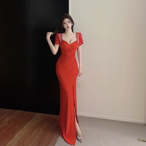 Deep V-shaped Slim Fit Long Dress