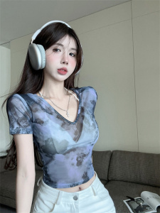 RM20210#韩系辣妹风水墨画网纱V领前后两穿T恤打底上衣