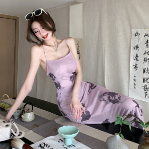 Hip wrap dress for women with retro design and butterfly print strap split skirt