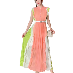 RM24324#夏季新款法式赫本风复古修身拼色百褶大摆连衣裙长裙