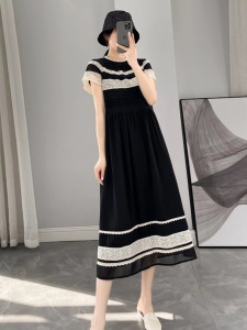 TR43279# 黑色设计感短袖连衣裙女夏季新款韩版宽松显瘦圆领中长款裙子 服装批发女装批发服饰货源