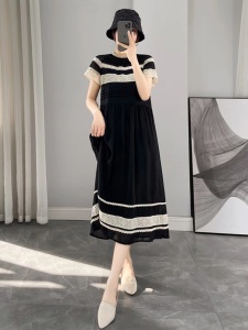 TR43279# 黑色设计感短袖连衣裙女夏季新款韩版宽松显瘦圆领中长款裙子 服装批发女装批发服饰货源