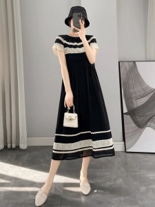 TR43279# 黑色设计感短袖连衣裙女夏季新款韩版宽松显瘦圆领中长款裙子 服装批发女装批发服饰货源