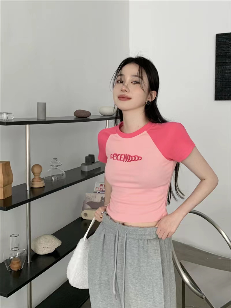 Japanese hot girls niche short bm style slim fit embroidery stitching contrast color top T-shirt female
