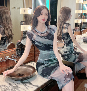 Two piece Chinese style ink painting mesh dress set with suspender dress