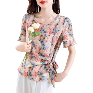 RM15597#雪纺夏季套头喇叭袖圆领超修身短袖蕾丝衫/雪纺衫X型甜美