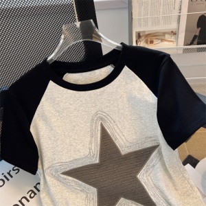 RM16271#灰色星星T恤女短袖夏季新款休闲宽松不规则设计感上衣