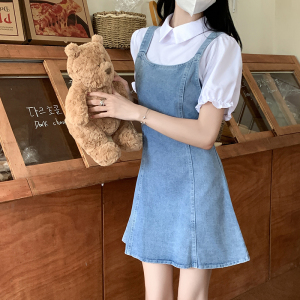 TR36268# 夏季法式泡泡袖假两件牛仔裙吊带裙小个子温柔连衣裙女 服装批发女装批发服饰货源