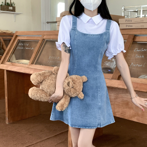 TR36268# 夏季法式泡泡袖假两件牛仔裙吊带裙小个子温柔连衣裙女 服装批发女装批发服饰货源