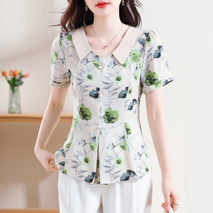 RM15596#雪纺夏季短袖蕾丝衫/雪纺衫植物花卉套头娃娃领田园甜美