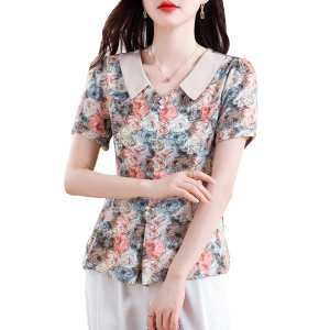 RM15596#雪纺夏季短袖蕾丝衫/雪纺衫植物花卉套头娃娃领田园甜美