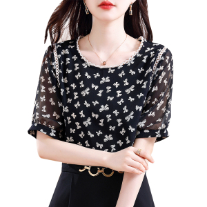 RM15595#夏季韩版小清新甜美套头圆领雪纺短袖蕾丝衫/雪纺衫