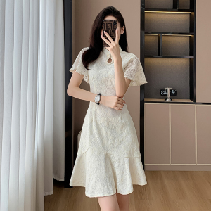 RM16704#夏季新款新中式复古改良旗袍荷叶袖遮肉显瘦鱼尾摆连衣裙