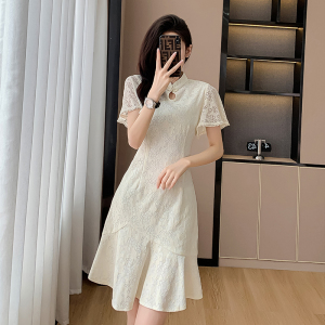 RM16704#夏季新款新中式复古改良旗袍荷叶袖遮肉显瘦鱼尾摆连衣裙