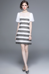 TR35844# 重工钉钻气质小香风黑白拼接收腰连衣裙 服装批发女装批发服饰货源