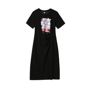 RM16494#欧货重工字母钉珠设计连衣裙女夏时尚不规则褶皱收腰显瘦开叉长裙