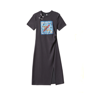 RM16495#高级感新中式短袖连衣裙2023夏气质复古港风褶皱收腰显瘦t恤裙子