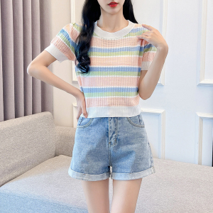 RM18407#夏季新款彩虹条纹短袖圆领修身T恤薄款冰丝针织女