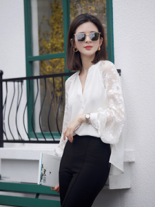 RM23703#夏装法式茶歇上衣别致漂亮小衫高级设计感小众白色仿真丝衬衫