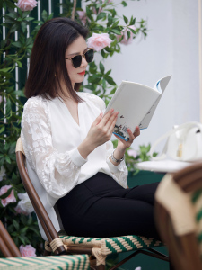 RM23703#夏装法式茶歇上衣别致漂亮小衫高级设计感小众白色仿真丝衬衫