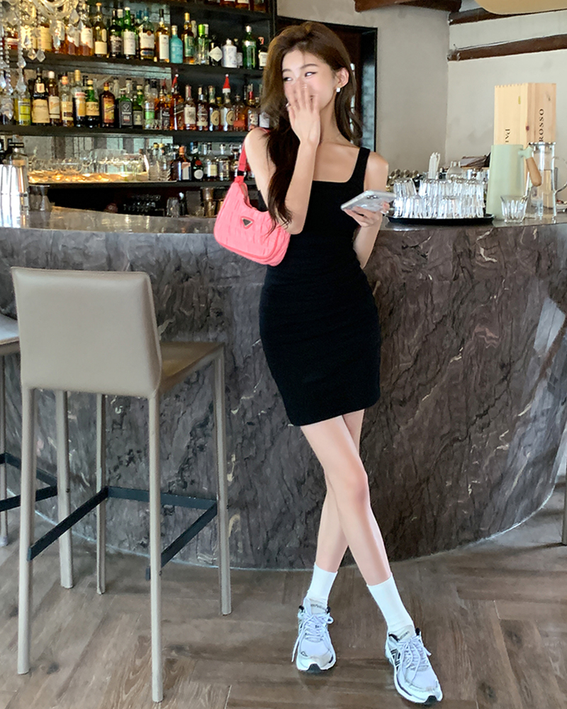 實拍2023夏裝新款純欲辣妹遮副乳顯瘦包臀連衣裙吊帶裙女