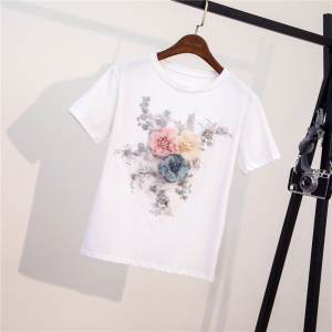 TR35831# 新款T恤立体三色花朵舒适短袖圆领纯白T恤 服装批发女装批发服饰货源
