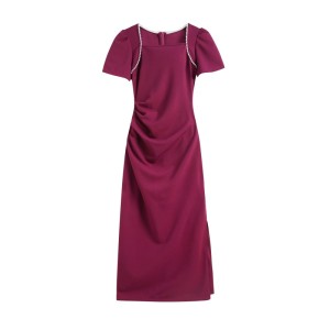 RM17354#夏季时尚法式气质小众珍珠方领设计褶皱显瘦开叉连衣裙