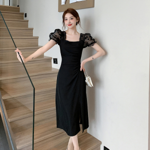 RM15910#法式连衣裙夏季2023显瘦方领泡泡袖高级感收腰开叉长裙
