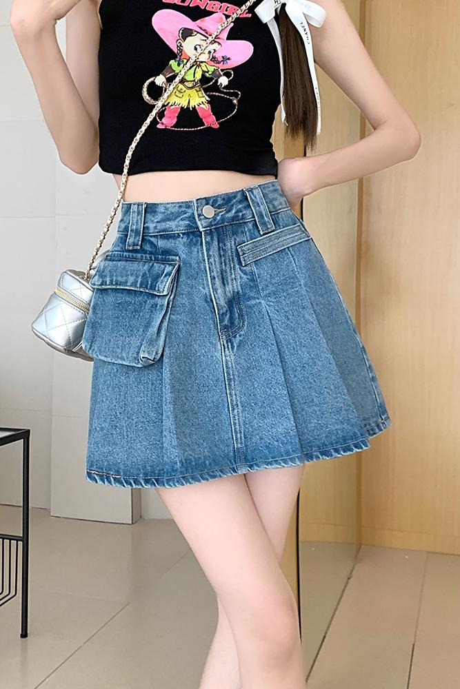 Real price 2023 summer new style side three-dimensional pocket asymmetric pleated high waist denim skirt women