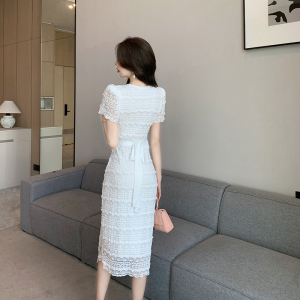 RM24244#甜美荷叶边裙气质浪漫法式蕾丝长款连衣裙