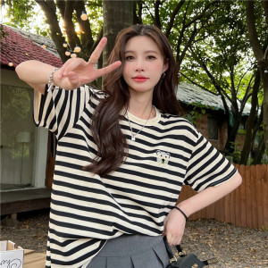 RM15893#夏季色织格新款条纹宽松短袖T恤女打底衫