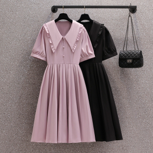 RM16911#大码女装2023夏季新款简约气质减龄娃娃领显瘦纯色短袖连衣裙