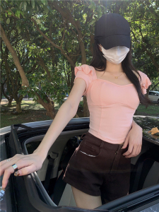 RM17710#夏季新款修身短款t恤女短袖带胸垫小飞袖上衣