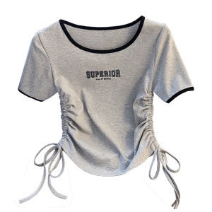 RM16998#夏季设计感小心机撞色圆领印花T恤短款显瘦抽绳百搭短袖上衣